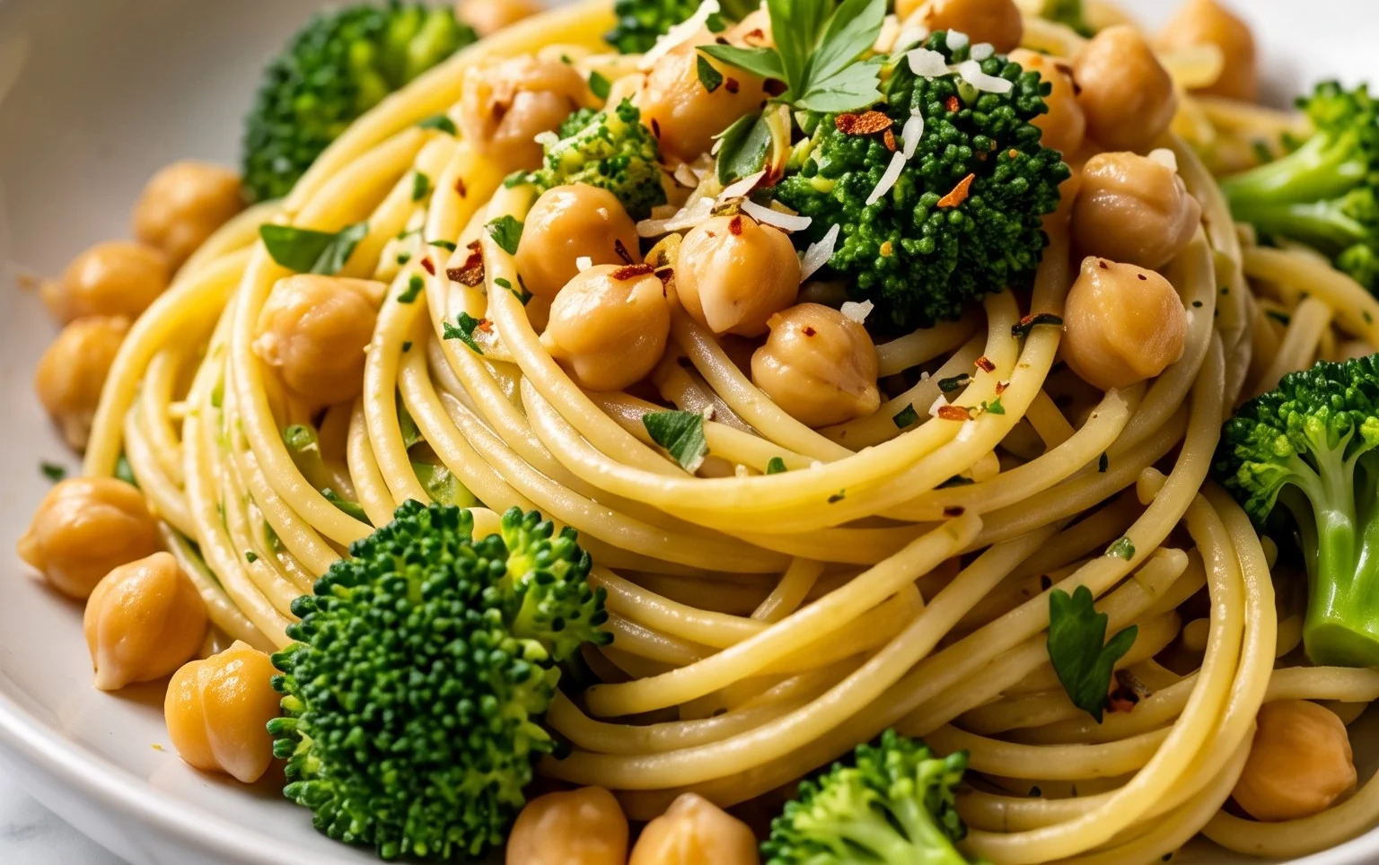 Broccoli Chickpea Pasta with Garlic Olive Oil