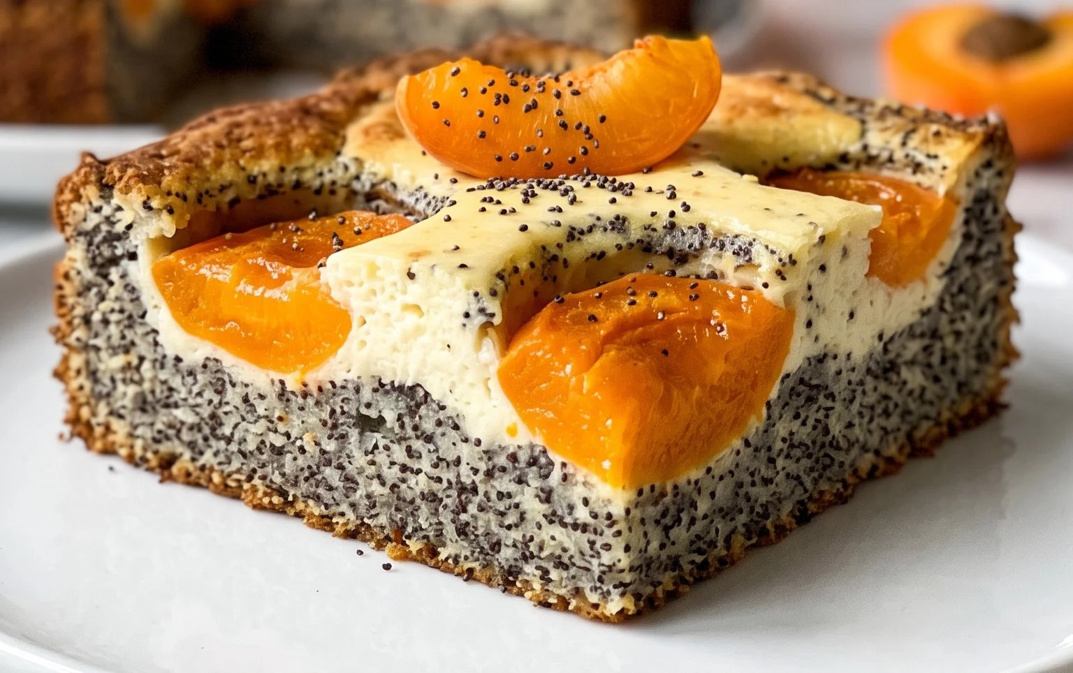 Mohn-Topfengitter-Kuchen mit Marillen