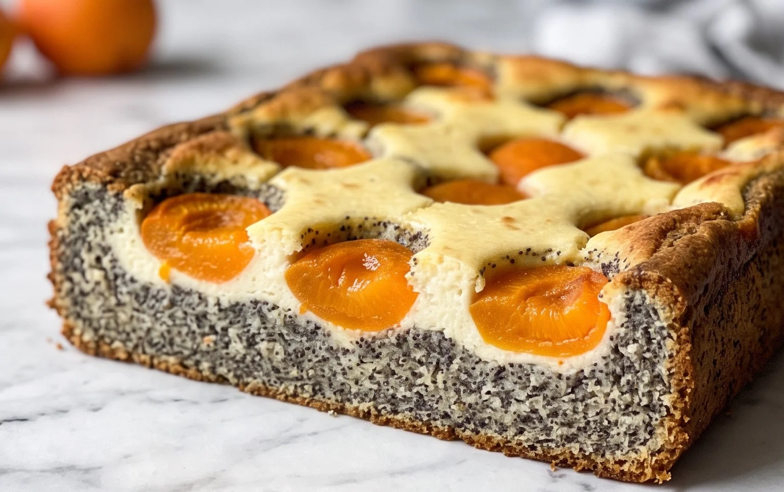 Mohn-Topfen-Kuchen mit Marillen: Fruchtig & Mandel